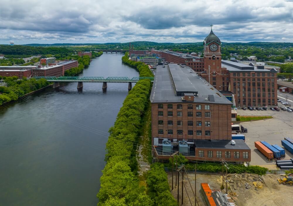 Ayer Mills Aerial View By The Merrimack River In Downtown Lawrence, Massachusetts Ma, Usa